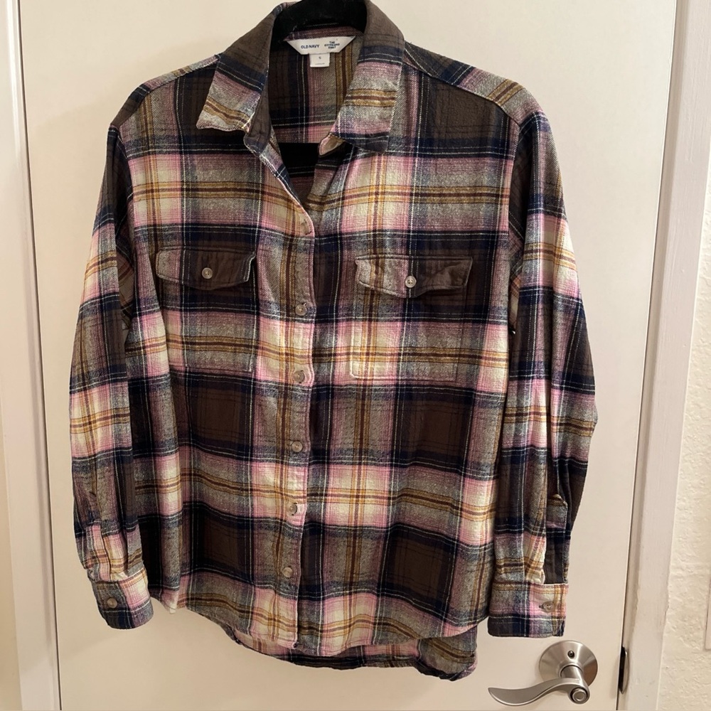 Old Navy Olive Green “The Boyfriend Shirt” Plaid Cotton Flannel Buttondown Sz S